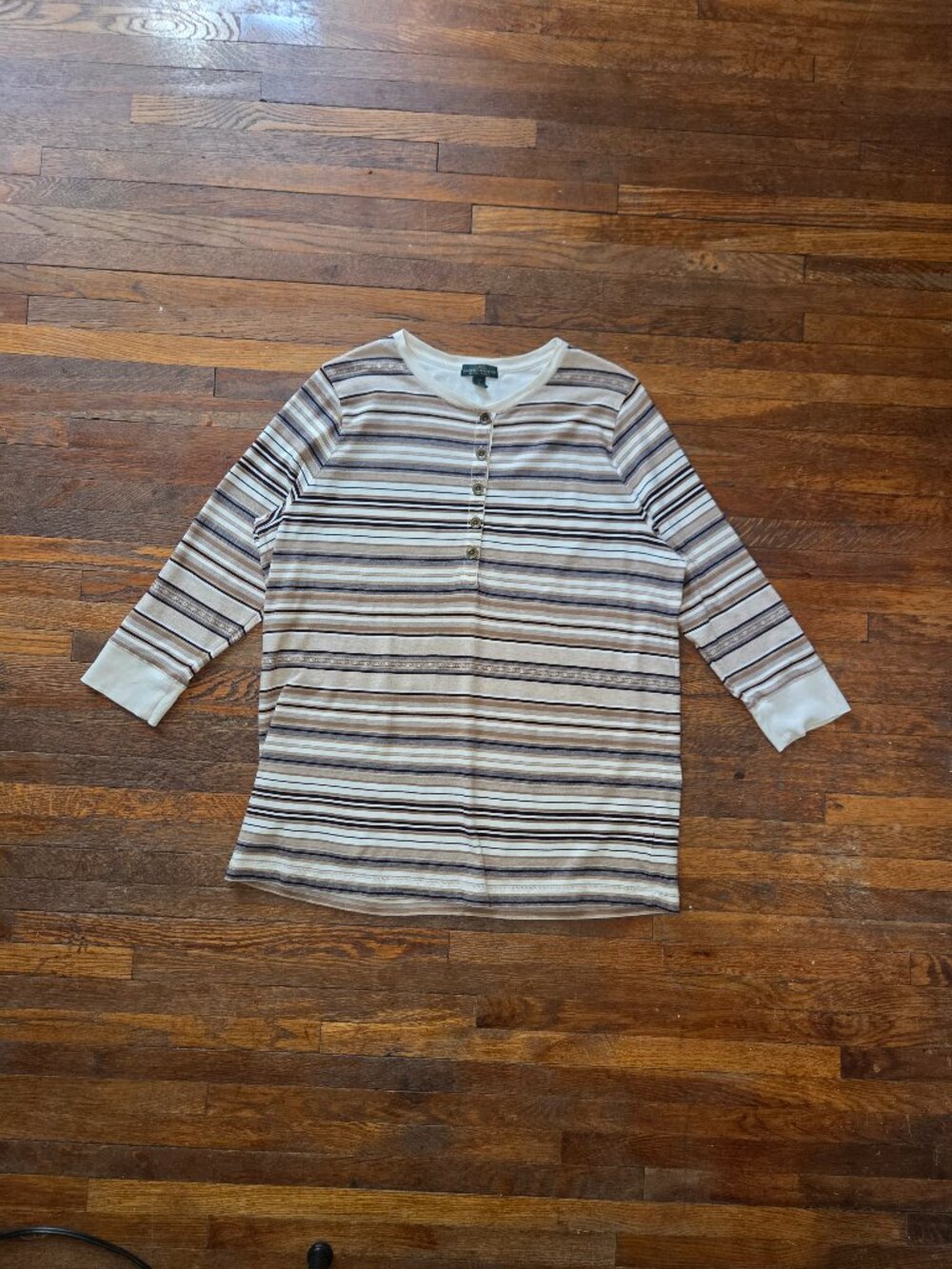Lauren Jeans Co Cream and Black Striped Half Sleeve Henley